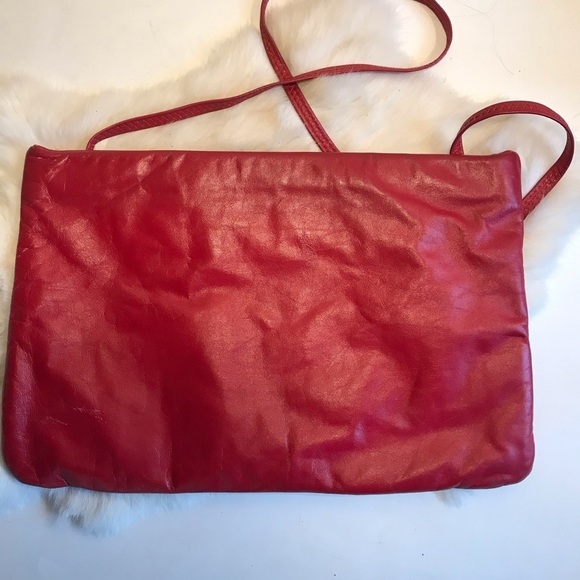 Vintage 80s Large Red Patchwork Leather Envelope Bag Convertible Clutch Xbody - Picture 4 of 6